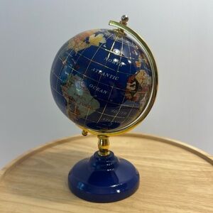 Vintage Blue Lapis Glass Gold Accents World Globe w/ Semi Precious Gemstones